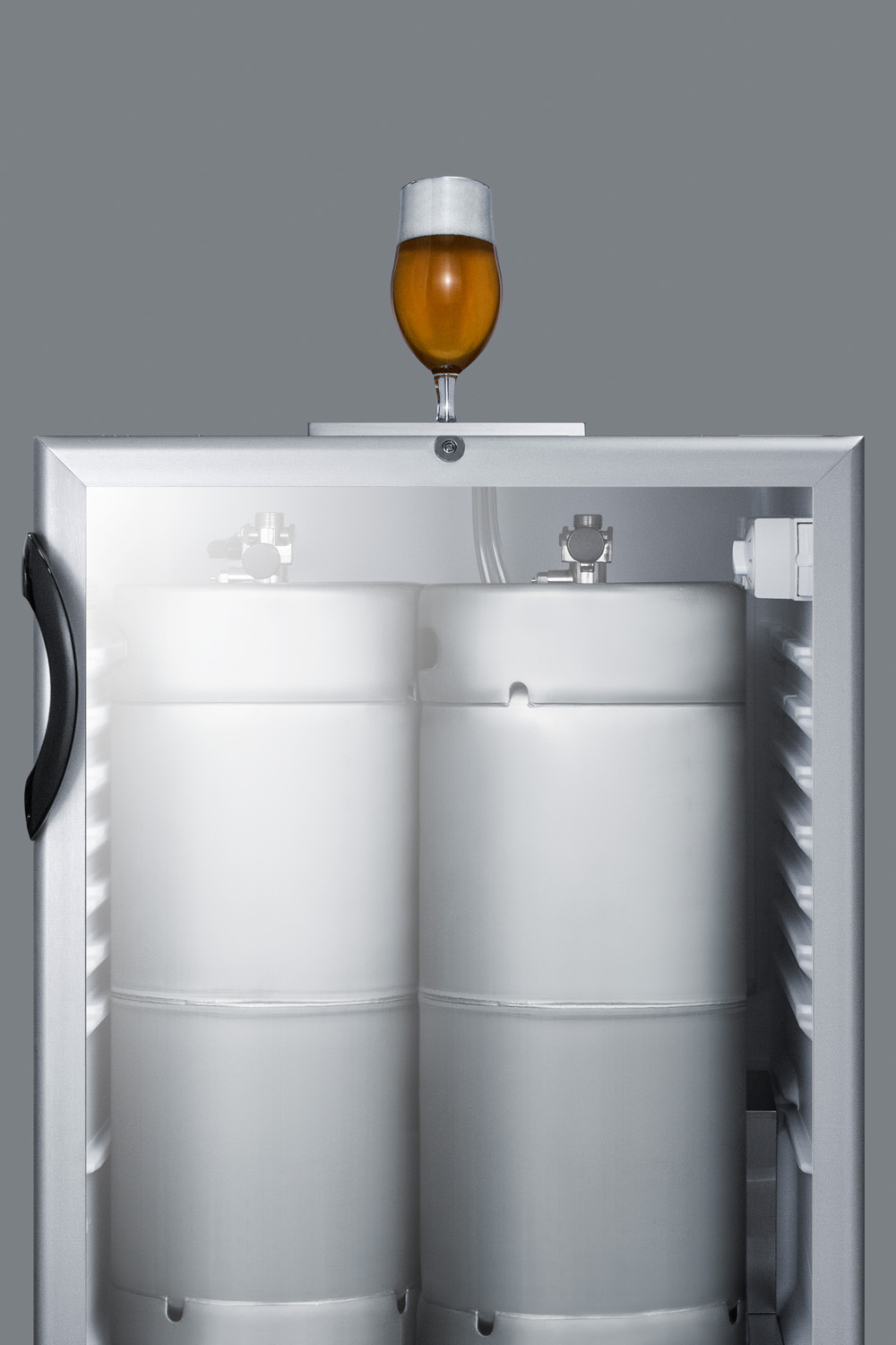 Built-in undercounter ADA height commercially listed beer dispenser with glass door, lock, and black cabinet; no tapping equipment included